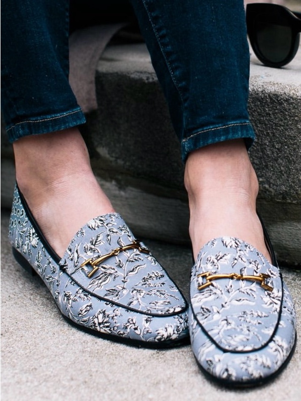 Sam Edelman Loraine Horsebit Loafers in Light Blue, Black & White Floral